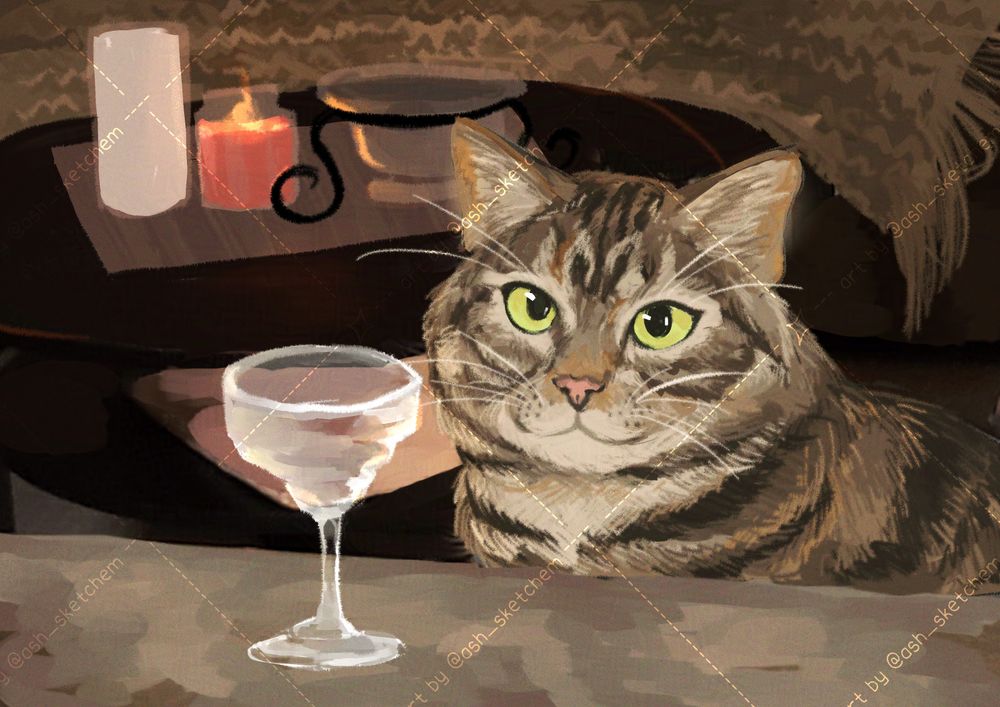 tabby cat illuminated by candlelight sits in front of a marbled counter top, an empty glass in front of her. 
