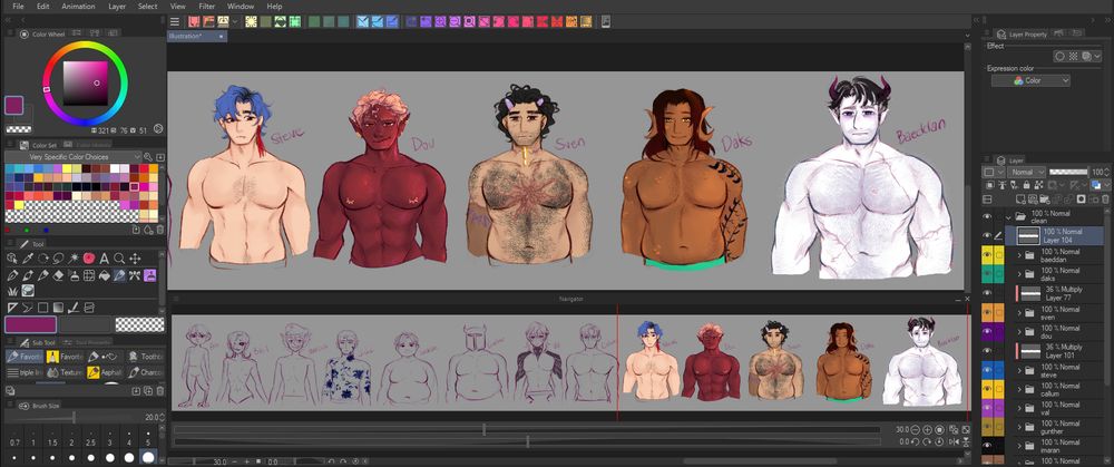lineup of masculine characters with different body types. the one on top shows mostly male characters with muscular builds, all colored and detailed. the image on the bottom below is a preview of other characters with body types of leaner or more heavy set characters, without colors yet.