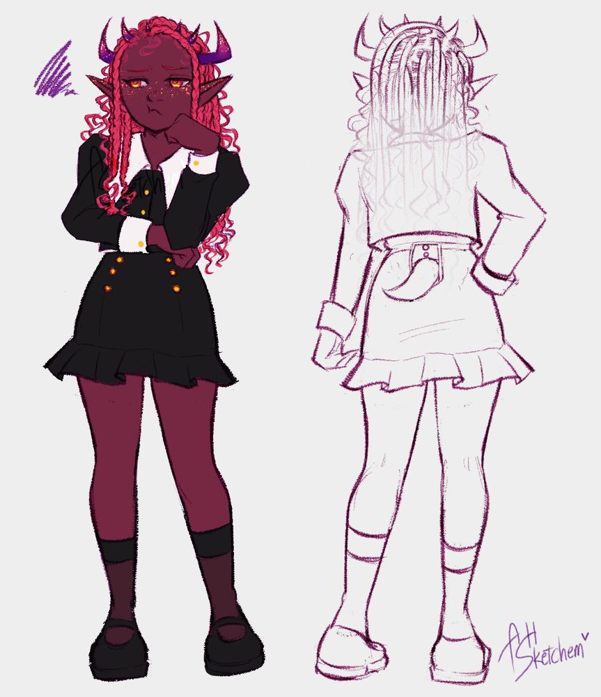 a front and back artwork of a young tiefling girl with pink braids and several small horns growing from her head like a headband. she has a slightly bored, almost annoyed expression on her face.