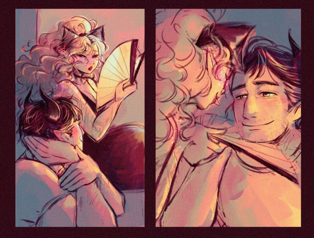 First panel is a tiefling woman is sitting by the window, fanning herself. The golden hue of the sunset lights her profile. She notices the tiefling man observing her, a smile on his face. The second panel, she uses her fan to lift his face up to hers. She sticks her tongue out playfully at him. He looks up at her lovingly.