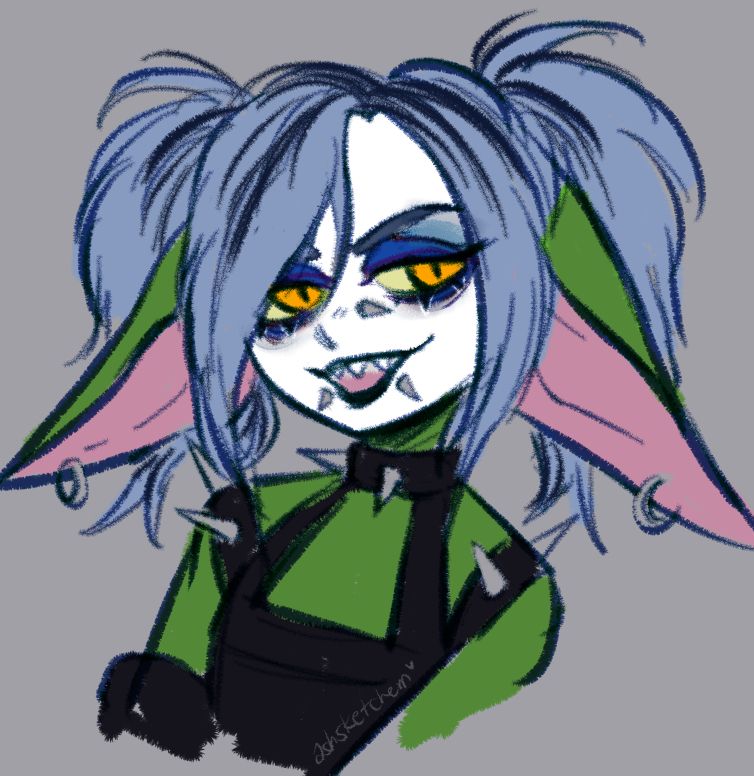 portrait of a goblin smirking. they have a messy, sort of spiky muted blue pigtails, white face paint and dark blue eyeshadow smoked around their amber eyes. on their face, they have snake bite piercings and a nose bridge piercing. they are wearing a black leather top and choker, both with spikes on them.