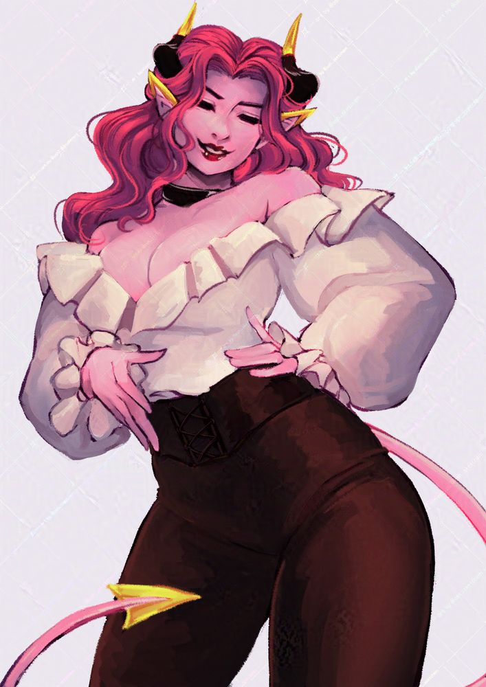 a pink tiefling woman with dark pink hair, looking down with a smug look on her face. she wears a low-cut frilly top and tight, high-waisted brown pants. the tips of her tail, ears, and horns are embedded with gold.