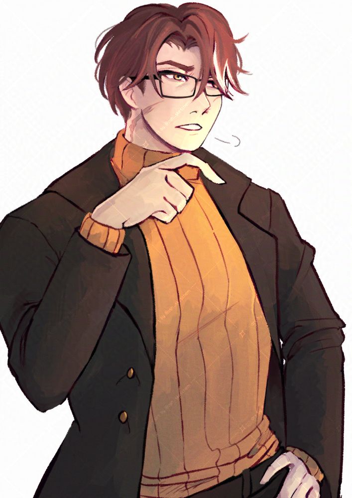 a man wearing a warm gold turtleneck and coat, his hair a dark brown with white streaks on one side. His hand is on his hip, a sort of annoyed expression on his face. 