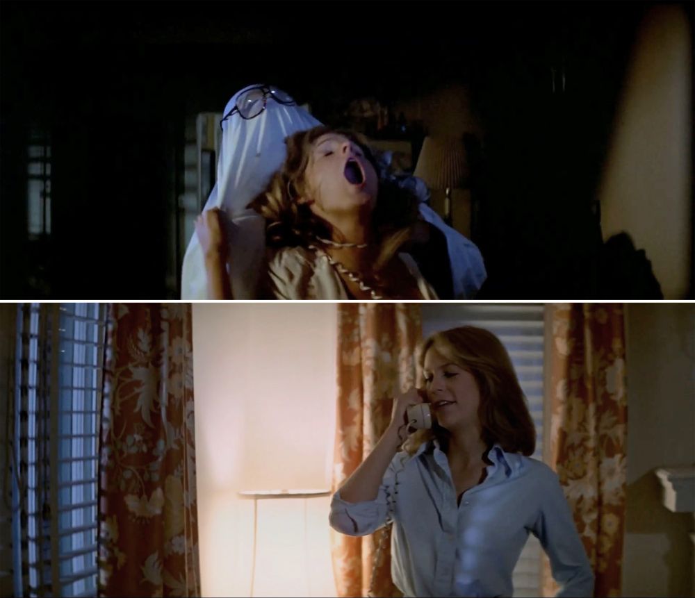 Mid phone call Lynda (P.J. Soles) gets choked out with the telephone cord by Michael Myers as Bob as a ghost with Bob's glasses on. Laurie (Jamie Lee Curtis) on the other end of the line thinks it's Annie playing games again.
