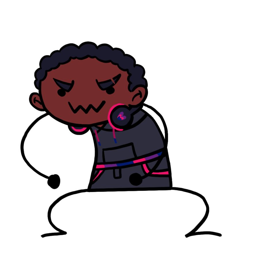 A gremlin version of my own OC, with stick arms and legs and a jagged little mouth. His headphones are around his neck and he looks kinda angy.