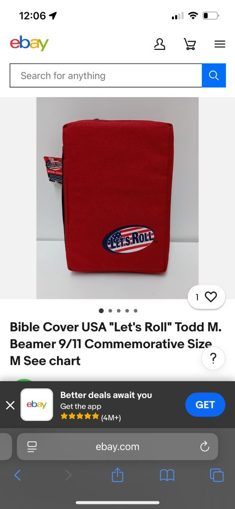 Red Bible cover with an American flag logo reading “let’s roll”

Bible Cover USA "Let's Roll" Todd M.
Beamer 9/11 Commemorative Size
M See chart