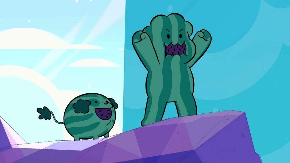 A watermelon Steven and their watermelon pet, standing on a mountain shouting.