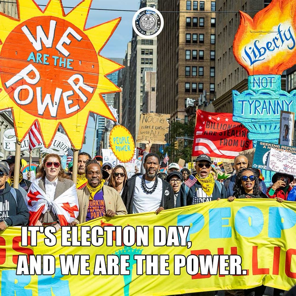 Meme-style graphic with the Public Advocate and community leaders marching forward at the No Kings March. A large sign in the shape of a poster reads "We are the power"