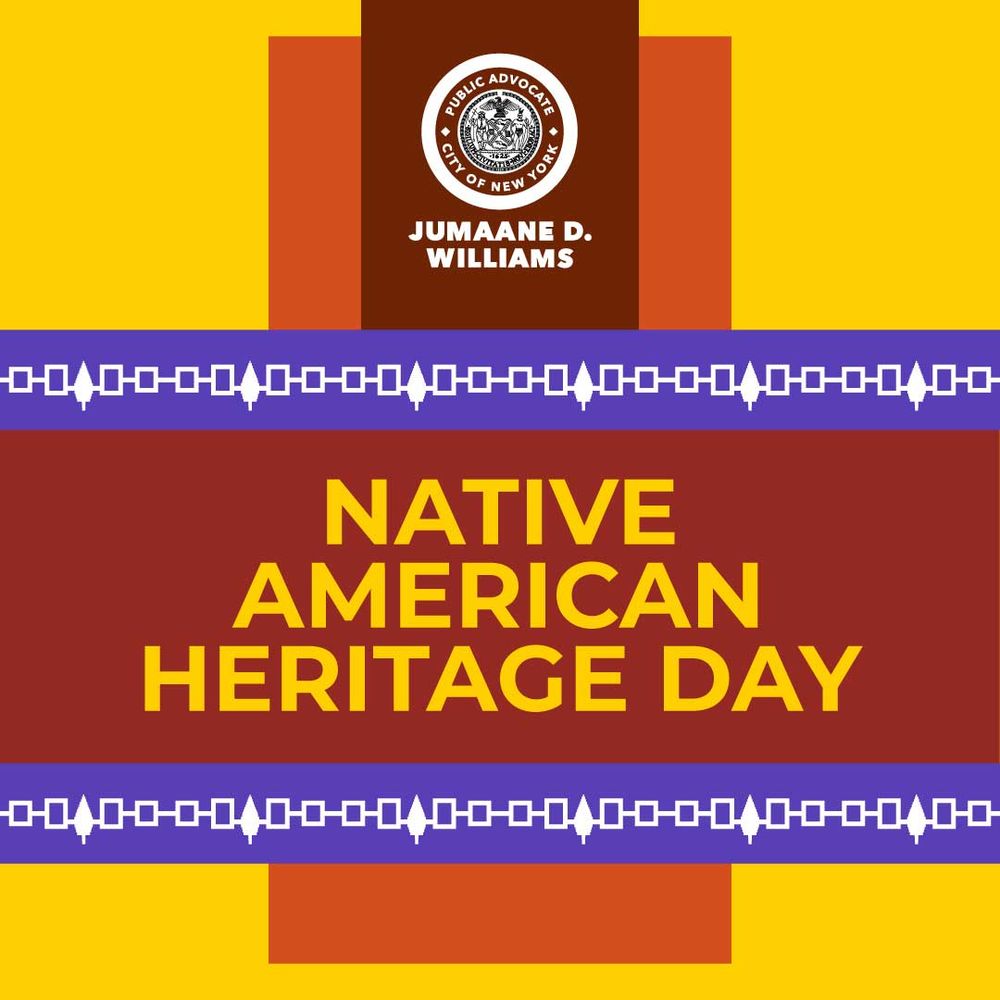 Graphic with yellow background, orange, brown, and maroon accents, and text: Native American Heritage Day. The text is flanked by two lines of purple with a design in white with interlocking rectangles and trees