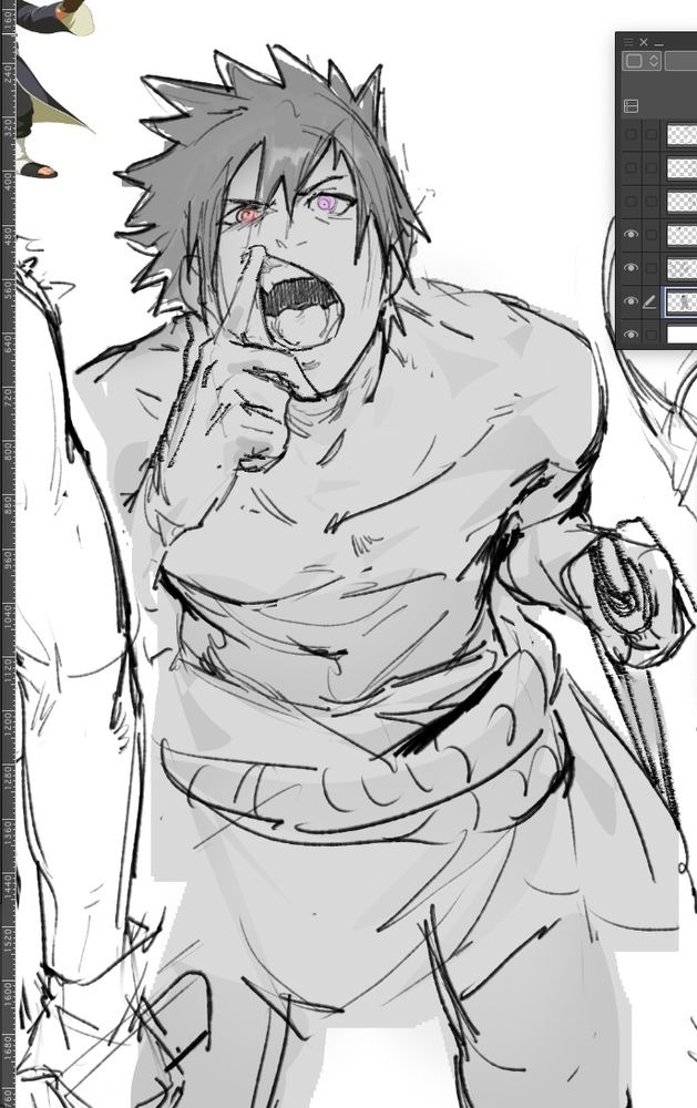 sketch of sasuke pulling up his lip to bare his teeth