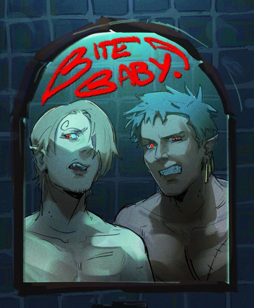 Sanji and Zoro looking at a mirror, eyes sharp red, with their teeth bared. Disconcerted, slightly panicked looks on their faces. Above them, in the same red of their eyes: "BITE BABY!"