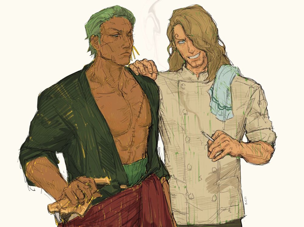 Zoro and Sanji in their official 40-year-old designs. Zoro has his hand resting on 4 swords while Sanji, in a chefs garb, is smoking, resting his hand on Zoro’s shoulder in a familiar way. They’re both looking off at something. Sanji is grinning, a towel thrown over his shoulder.
