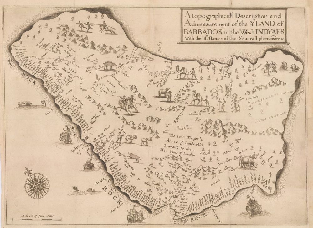 The first known map of Barbados, created before scientific cartography took off. Created by Richard Ligon, it lists the plantations around the coastal parts of the island, while the less-explored interior is an explosion of images and symbolism which highlights what Ligon knew and imagined about this space. 