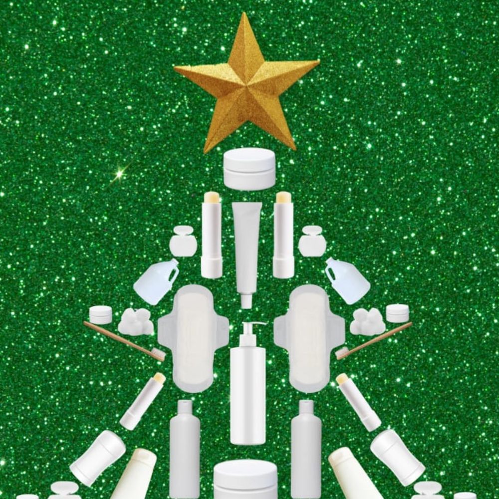 A closer look at the card design, which includes sanitary products, lip balms, toothpaste tubes, cotton balls, deodorant bottles, soap dispensers, floss, and bleach containers.
