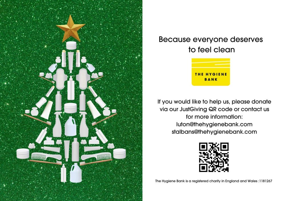The Luton and St Albans Hygiene Bank Christmas card design, featuring white toiletries in a tree shape with a star on top, against a green, sparkly background. 
