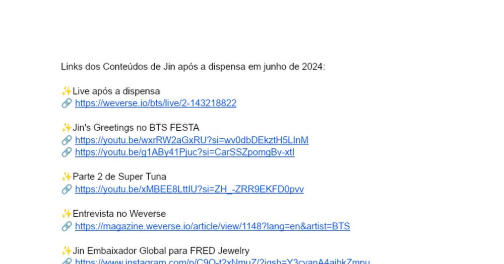 Links dos Conteúdos de Jin após a dispensa em junho de 2024