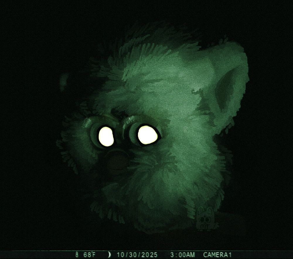 Image of a white 1998 furby against a pitch black background. They stare at the viewer with tapetum lucidum reflecting back. The image is reflecting an old trail camera at night with lots of noise and grain.