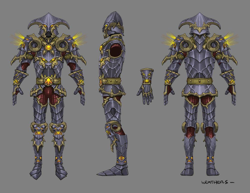 Breton armor concept, featuring lots of spiky plating and skulls with glowing eyes as pauldrons and kneepads