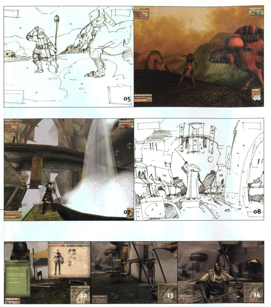 Scan of a page from the Morrowind art book. It shows several screenshots side by side with their concept art, and then another row of tiny screenshots below. Top row: a sandstorm billows as a Dunmer leads a heavily loaded pack guar. Middle row: View from a gondola on the canals of Vivec city (with cantons this time0 steered by a dunmer in a wide brimmed helm Bottom row: three small screenshots: view of a dialog and inventory screen next to a merchant and his wares. Closeup of the Gnisis temple wall, with overhangs and an NPC. An early Ordinator with Gnisis in the background. 