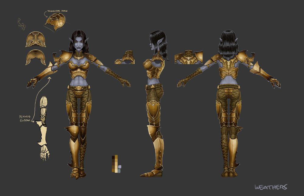 Dunmer lady wearing chitin armor. The armor features tight pants, a collar that connects to nothing, big boots and pauldron. Her midriff and ample cleavage are on display. 