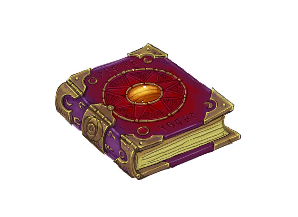 A stylized spellbook that would look right at home in Hearthstone. It's got chunky gold corner guards and its body is primarily red and purple, with a large amber gem in the middle. 