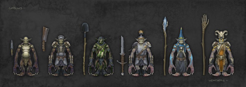 Lineup of very stylized goblins. Their arms stretch down to their feet and both hands and feet are extremely large. 