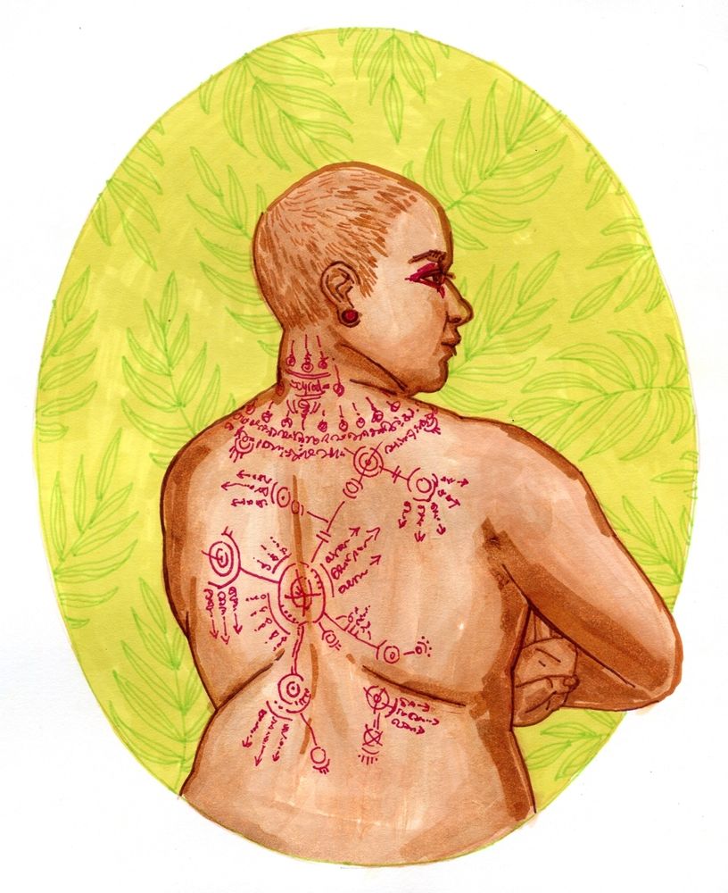 Marker drawing of the nude torso of woman, her back facing us. Her back and neck is tattooed with a pattern of circles, lines, and unreadable script. Her head is shaved and her arms are crossed. 