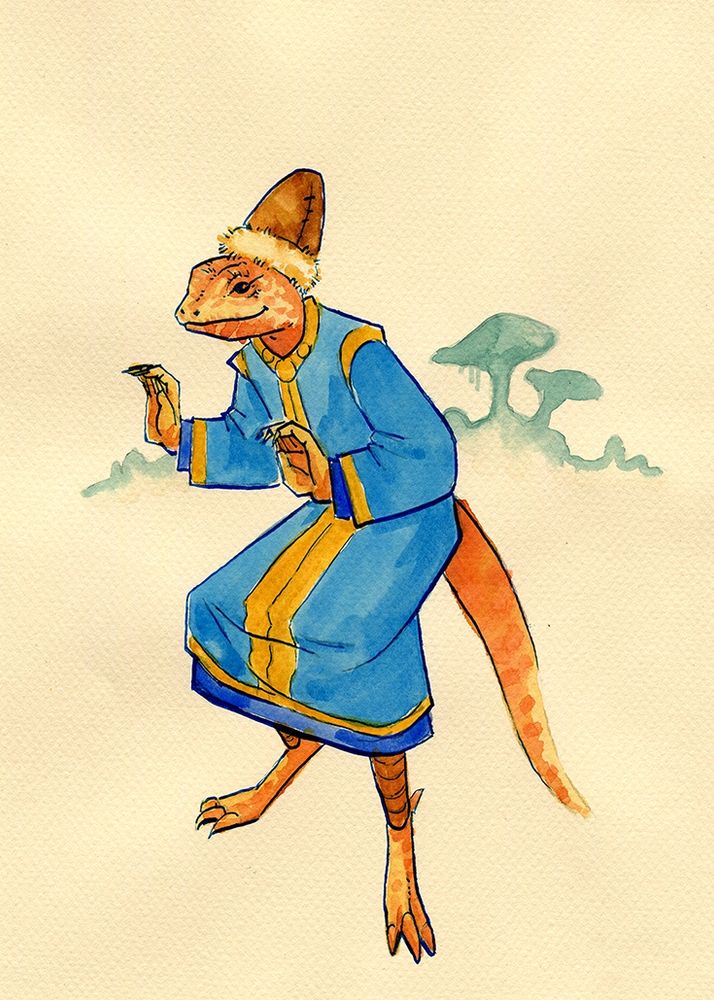 Watercolor drawing on tan paper shows an Argonian in the TES3: Morrowind spellcasting pose. They're wearing a Colovian Fur Helm and fancy blue robe. The outline of some rocks and Emperor Parasol mushrooms is in the background in pale blue-green. 