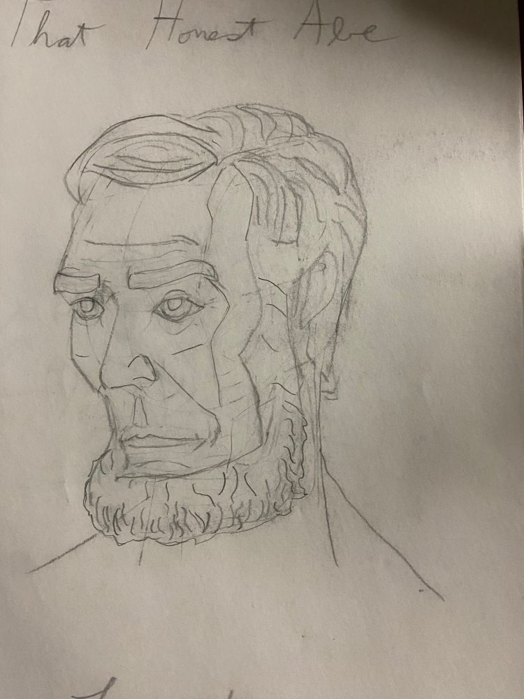A pencil drawing of Abraham Lincoln, looking to the viewer's left with a stern expression. The hair on this one is a little more detailed than on the other. 