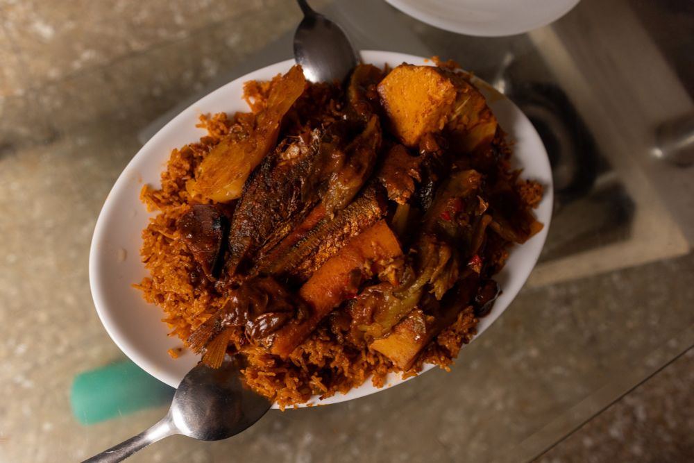 Thieboudienne - a traditional rice and fish dish from Senegal.