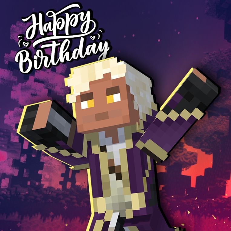 A Minecraft character (Rythian) with his arms up against a Minecraft forest backdrop at twilight. Text reads: 'Happy Birthday!'