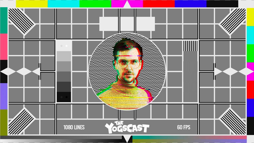 A multicolored graphic with lines and shapes. In the center, a picture of a man: Lewis Brindley. Text reads: '1080 lines; The Yogscast; 60 FPS'.