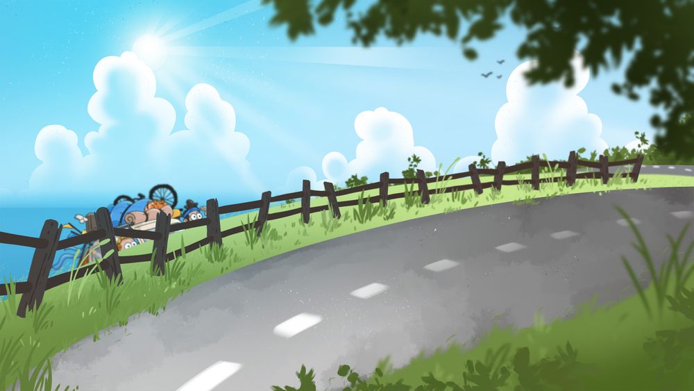 A digital illustration of a road curving with blue sky behind it. In the background: a bit of a camper van popping up from behind the hill, with two sets of eyes peeking through.