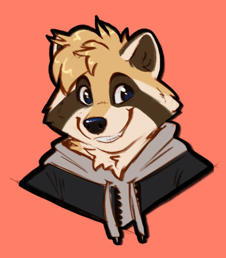 A bust of Fletcher, a blonde raccoon in a gray hoodie and navy denim jacket, smiling at the viewer.