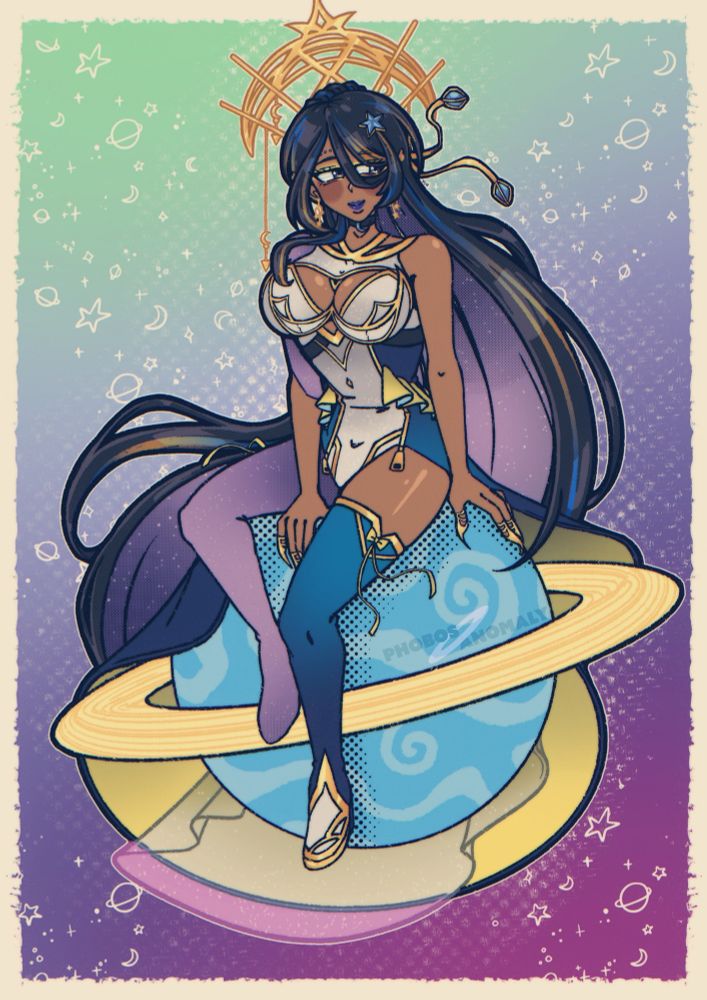 An illustration of Voisona SELENA, an elegant character with long black hair with blue and gold streaks and a crescent shaped crown, sitting on a small pale blue planet with a yellow ring against a gradient purple/green background