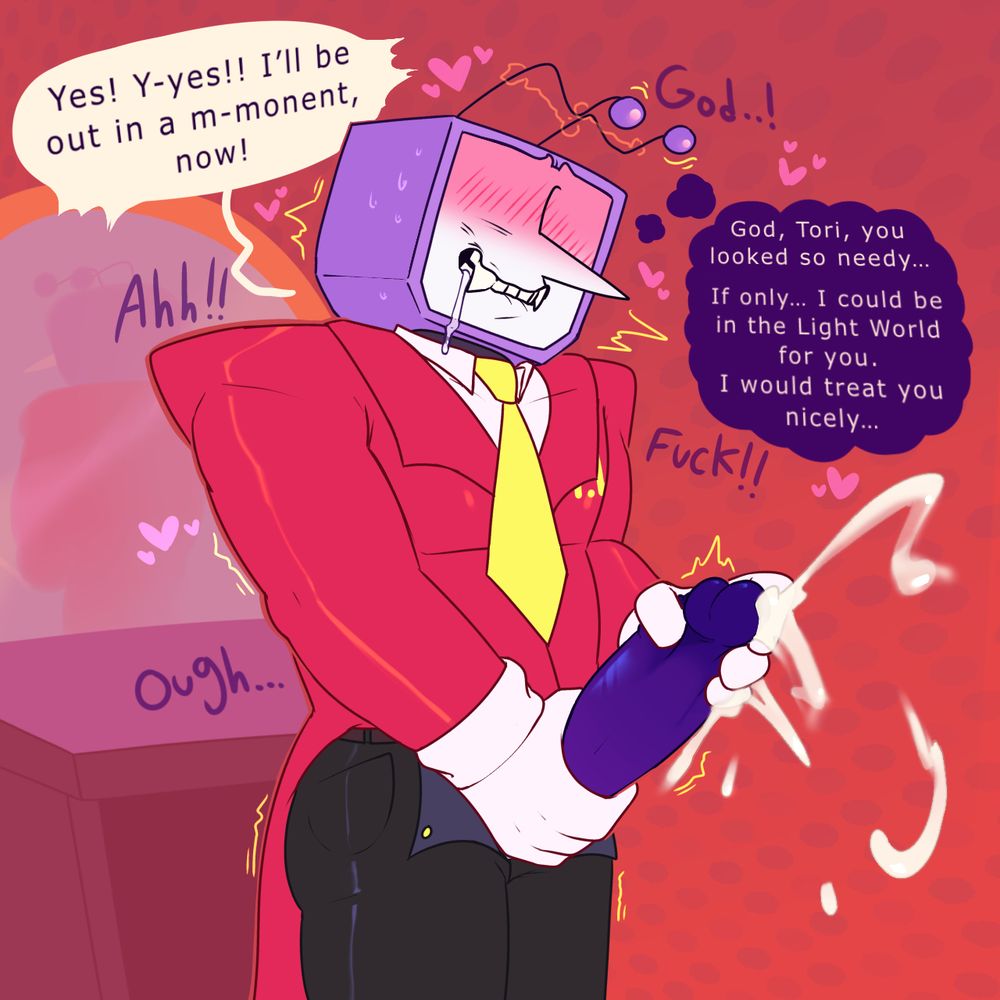 The last drawing shows Tenna, presumably in his room, jerking off. Cum is shooting out of the tip while he bites hard on his lip with his sharp fangs.

The white text bubble says:
Yes! Y-yes!! I’ll be out in a m-moment, now!

The purple text bubbles read however:
God, Tori, you looked so needy…
If only... I could be in the Light World for you.
I would treat you nicely…