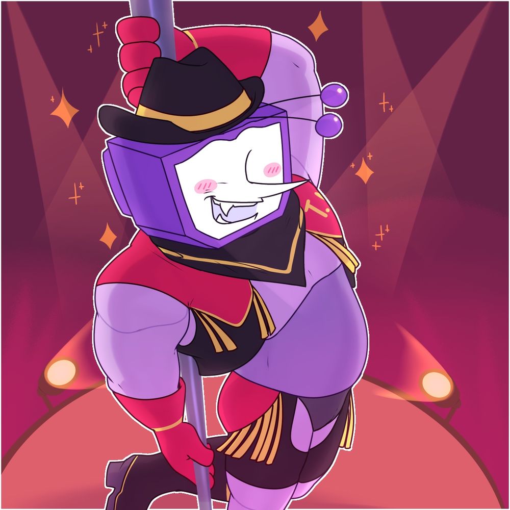 A drawing of Tenna in a skimpy cowboy costume. He is pole dancing on stage while lights beam on him.