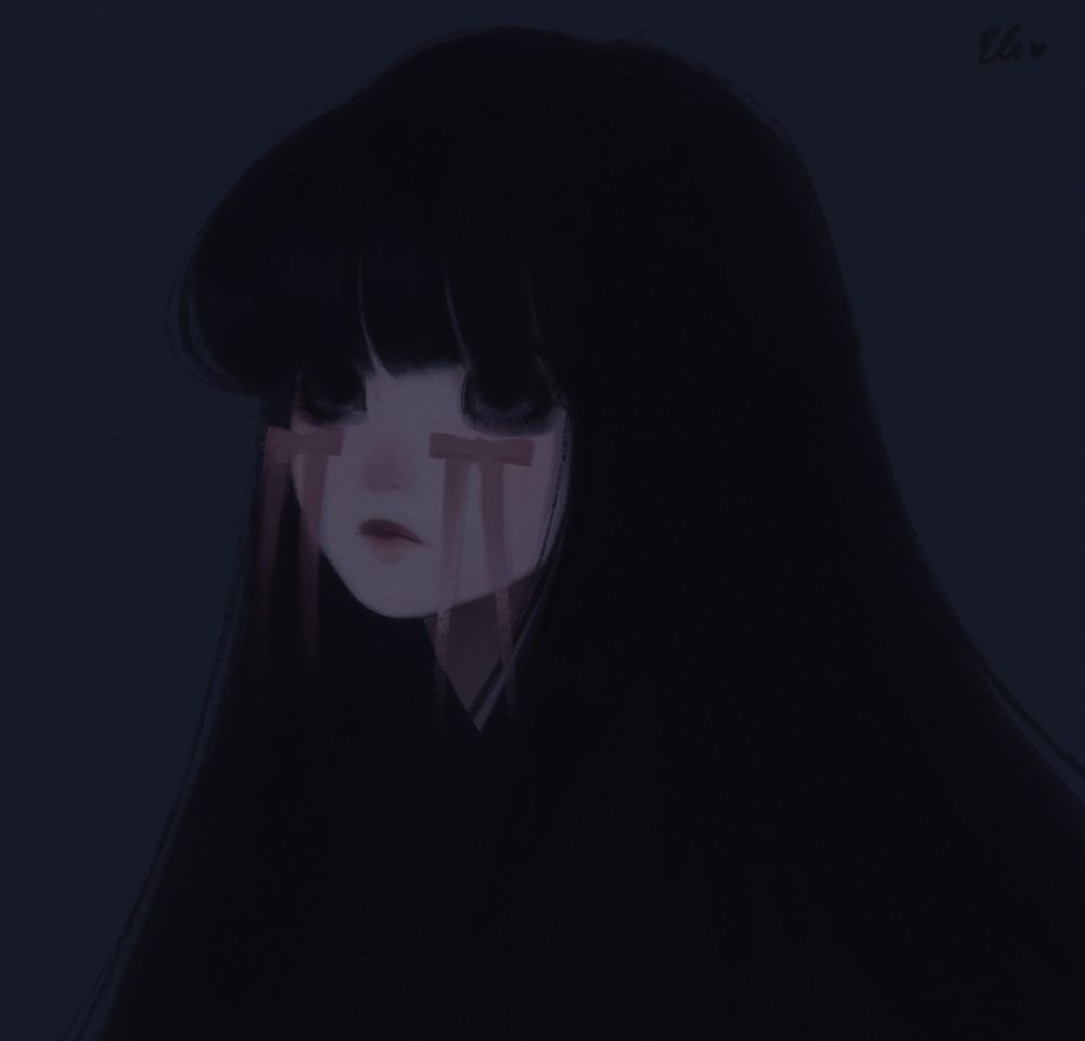 A digital painting features a girl with pale skin and long, flowing black. Her dark eyes are melancholic and haunting, with dark circles around them. She has pink long bows on her cheeks.