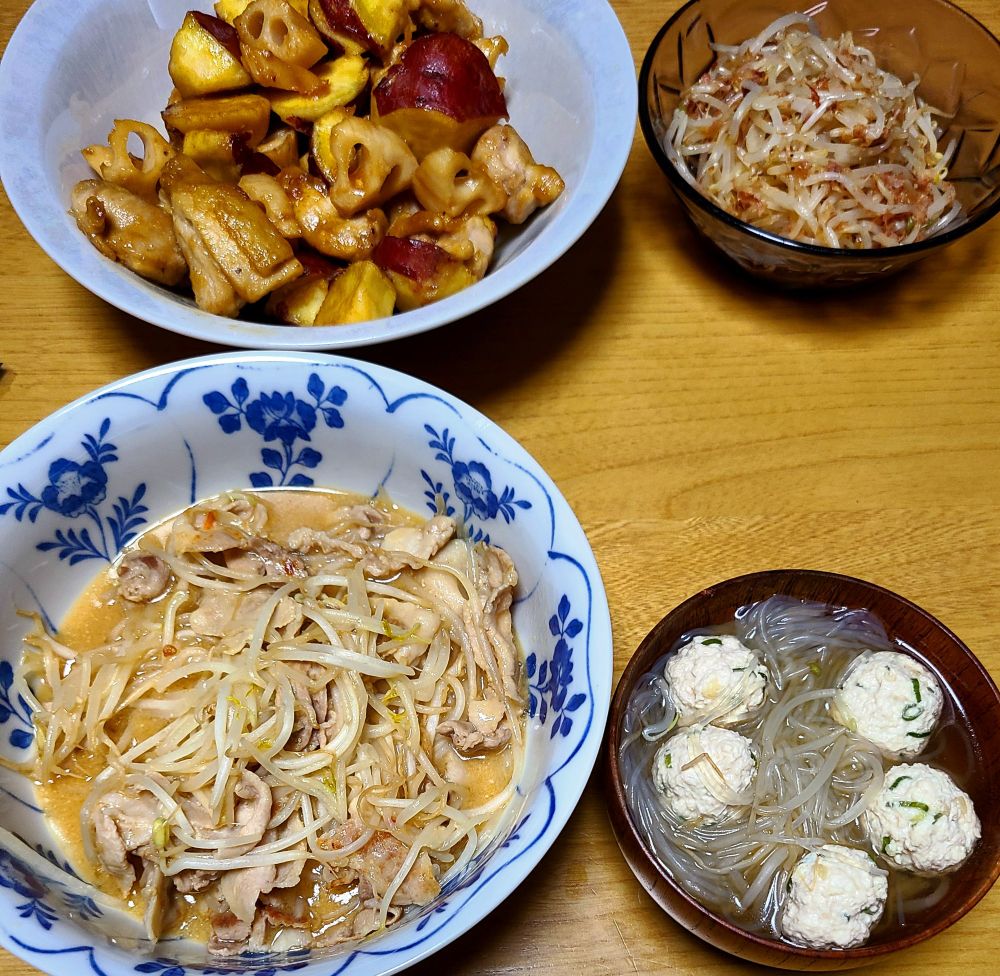 左上:根菜の甘酢炒め
右上:もやしのおかかナムル
右下:鶏団子と春雨のもやしスープ
左下:豚ともやしの味噌炒め
