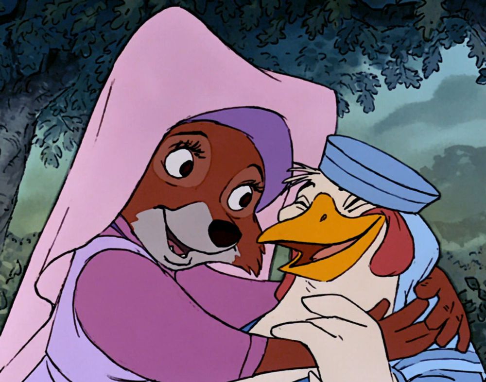 maid marian from the disney robinhood smiling and hugging and staring into the eyes of her lady in waiting