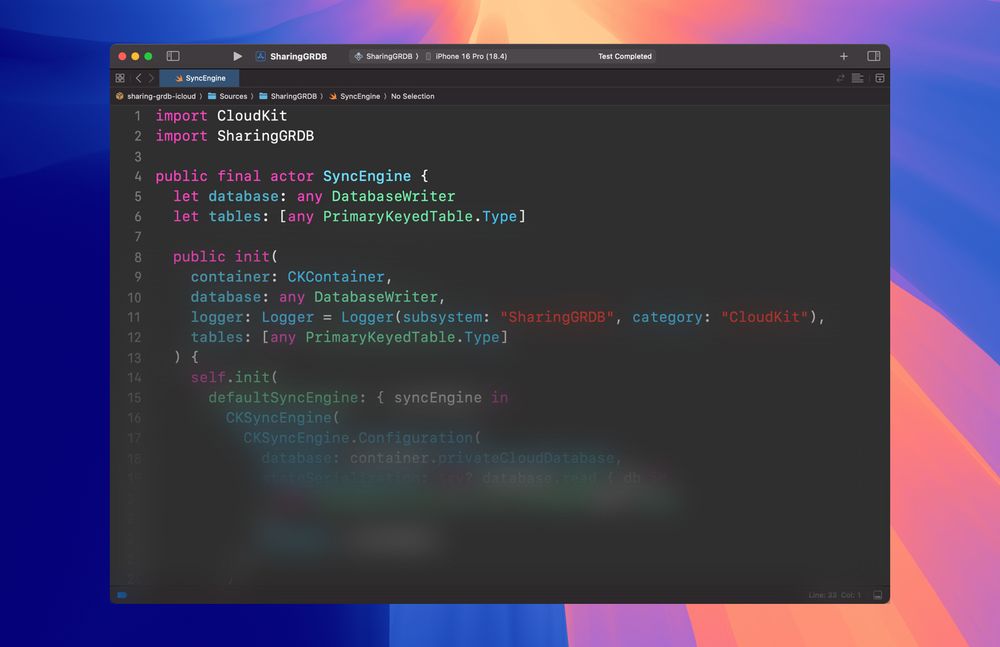 A partially obscured screenshot giving a sneak peek of how our SharingGRDB library will eventually work with CloudKit for cloud syncing.