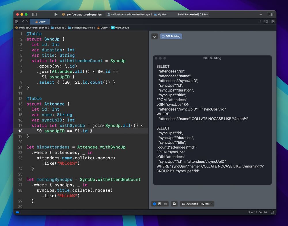 Screenshot of Xcode showing off the reusability aspects of our new query building library. The code reads as follows:

@Table
struct SyncUp {
  let id: Int
  var duration: Int
  var title: String
  static let withAttendeeCount = SyncUp
    .group(by: \.id)
    .join(Attendee.all()) { $0.id == $1.syncUpID }
    .select { ($0, $1.id.count()) }
}

@Table
struct Attendee {
  let id: Int
  var name: String
  var syncUpID: Int
  static let withSyncUp = join(SyncUp.all()) {
    $0.syncUpID == $1.id }
}

let blobAttendees = Attendee.withSyncUp
  .where { attendees, _ in
    attendees.name.collate(.nocase).like("%blob%")
  }

let morningSyncUps = SyncUp.withAttendeeCount
  .where { syncUps, _ in
    syncUps.title.collate(.nocase).like("%blob%")
  }
