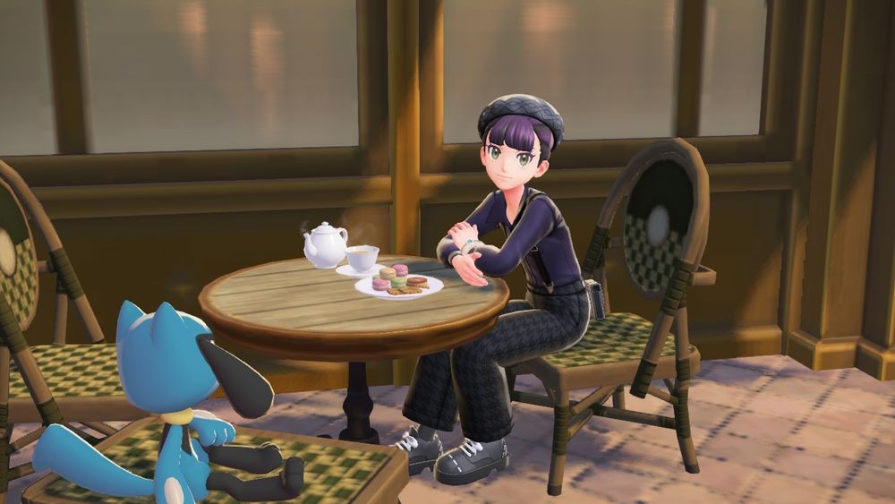 ポケモンZ-Aにて主人公がルカリオと一緒にカフェですごす画像
