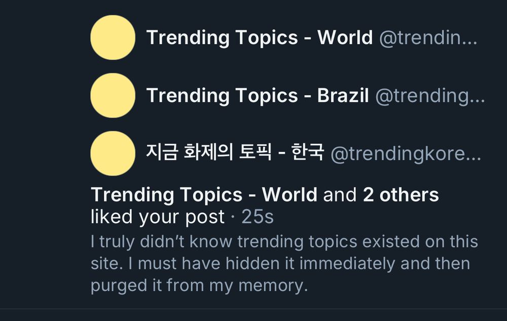 A post showing that trending topics liked my post saying I didn’t know about trending topics