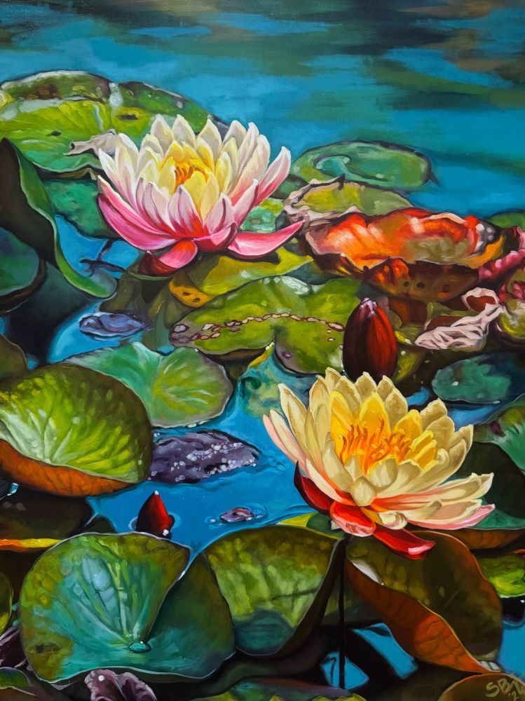 Painting of highly saturated water lilies 