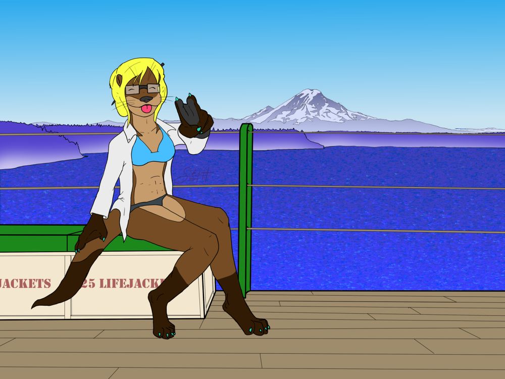 Female otter making a bleb face on a ferry in Washington state with Mount Rainier in background