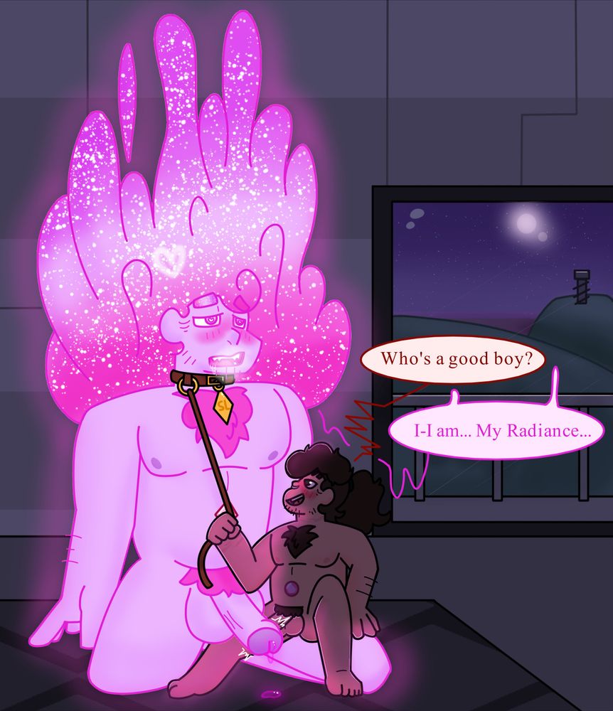 Startraveller!Steven "Starlight" in his Diamond form, naked, kneeling, and wearing a collar as Heartbroken!Steven "Heartbreak" - also naked - sits on his knee and tugs on the leash. Heartbreak addresses Starlight, asking who's a good boy, to which Starlight stammers in reply that he is whilst also addressing Heartbreak as "My Radiance."
