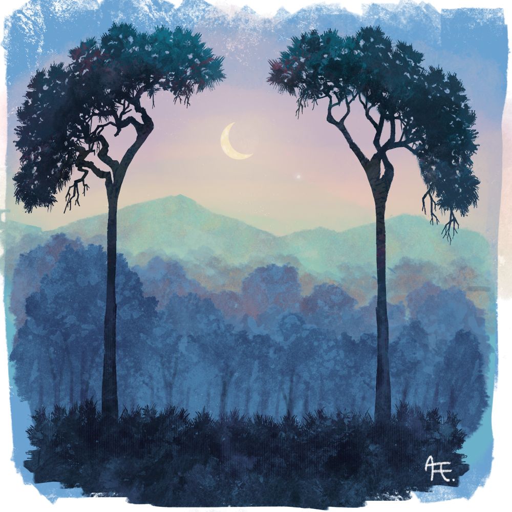 A rough and colorful painting of two tall, teal trees framing the view of a forest rolling out beneath a distant mountain. Thick foliage covers the ground. A crescent moon and single star share company in the yellow, pink  and blue dusk.