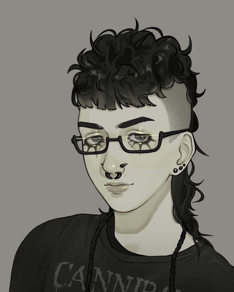 digital art portrait of a guy with a black mullet, black glasses and piercings and a cannibal corpse t shirt