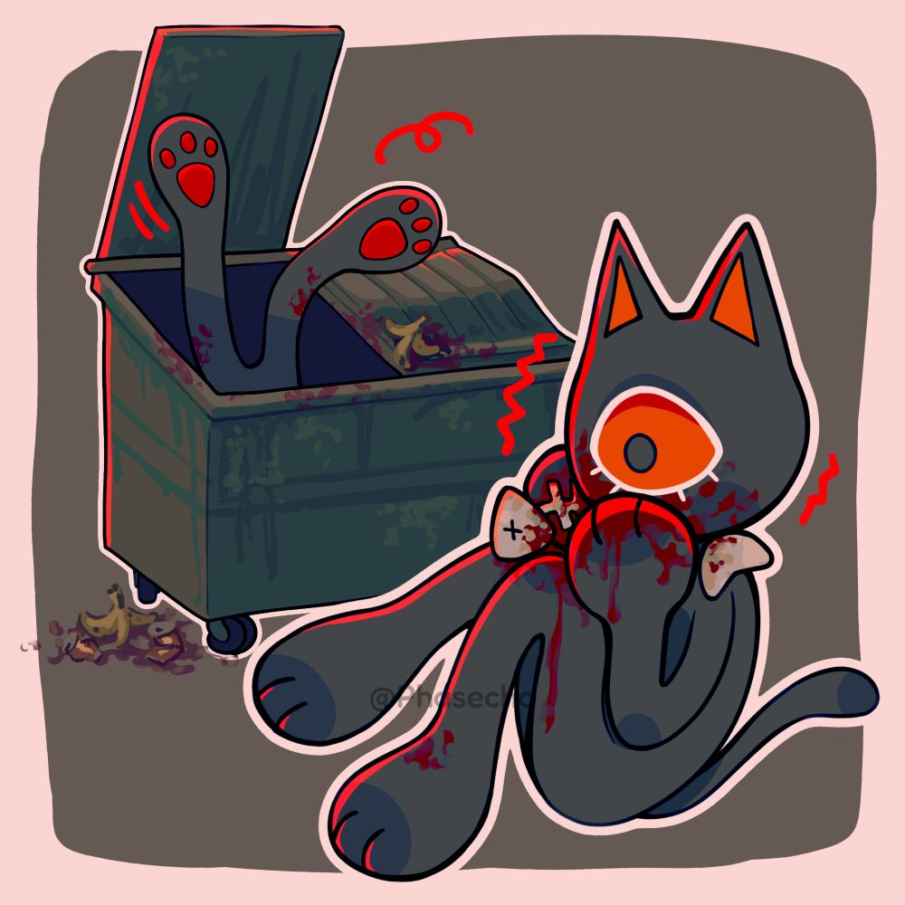 digital drawings: on the left is an open trash bin with cat legs sticking out. on the right is my demon cat Miauw eating garbage.